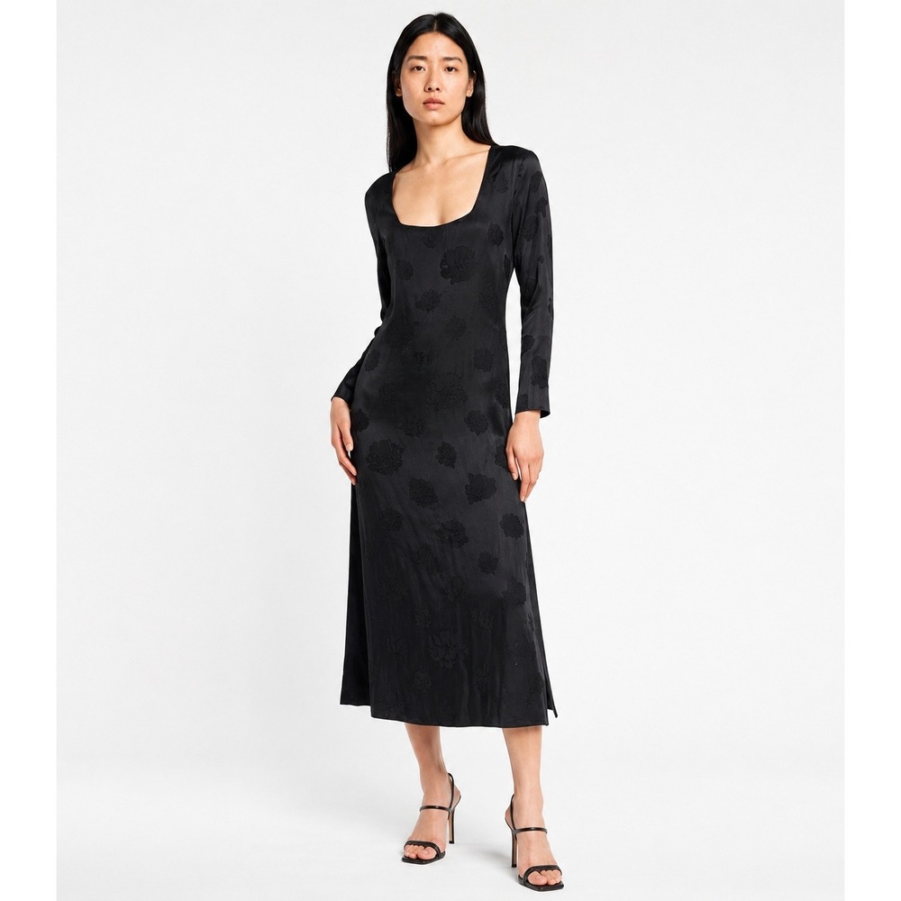 Marina Moscone Dress Black Floral Jacquard Satin Long Sleeve‎ Sheath Midi Size 6